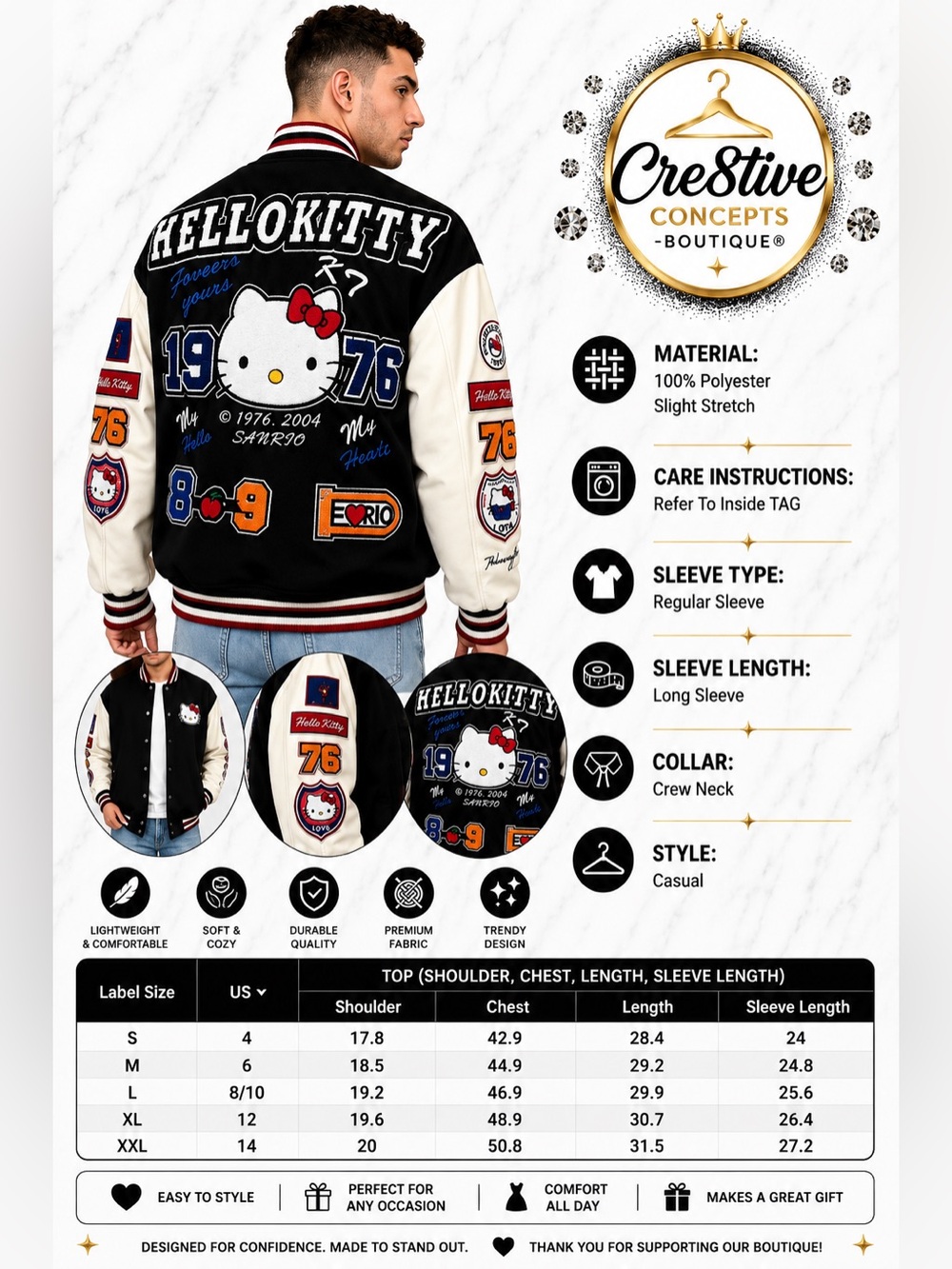 Hello Kitty Black & White Varsity Jacket – Sanrio Licensed Graphic Bomber Jacket